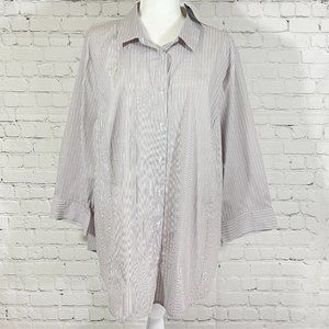 NWT WORTHINGTON Button Up 3/4 Sleeve White & Gray Taupe Stripe Women's Plus 3XL